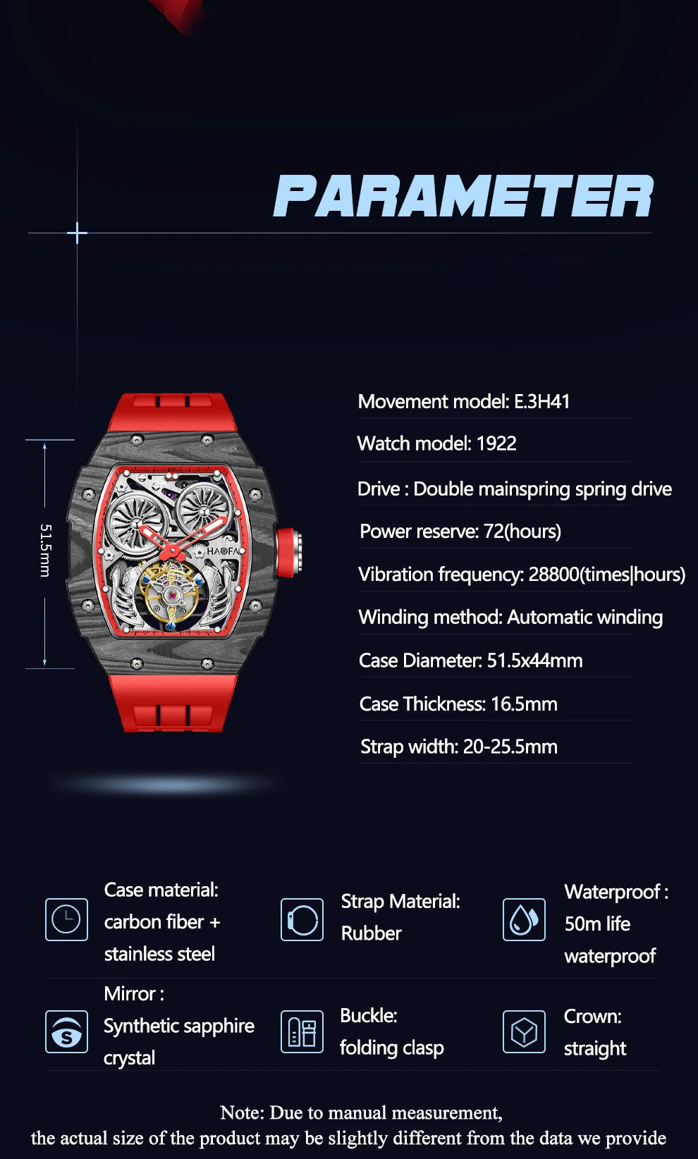 Haofa Carbon Fiber Tourbillon Mens Watch Double Spring Diver Automatic Mechanical Watches for Men Sapphire Luxury Business 1922
