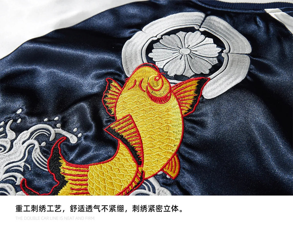Japanese Sukajan Koi Fish Embroidered Satin Bomber Jacket Wave Print Varsity Jacket Men's and Women's Baseball Jackets