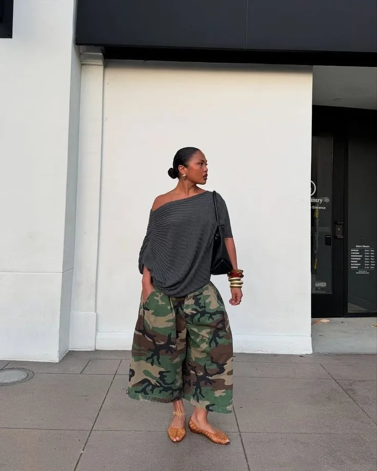 Women's Camouflage Wide Leg Pants Loose Casual High Waist Vintage Pockets Cropped Pants 2025 Fashion Harajuku Capris