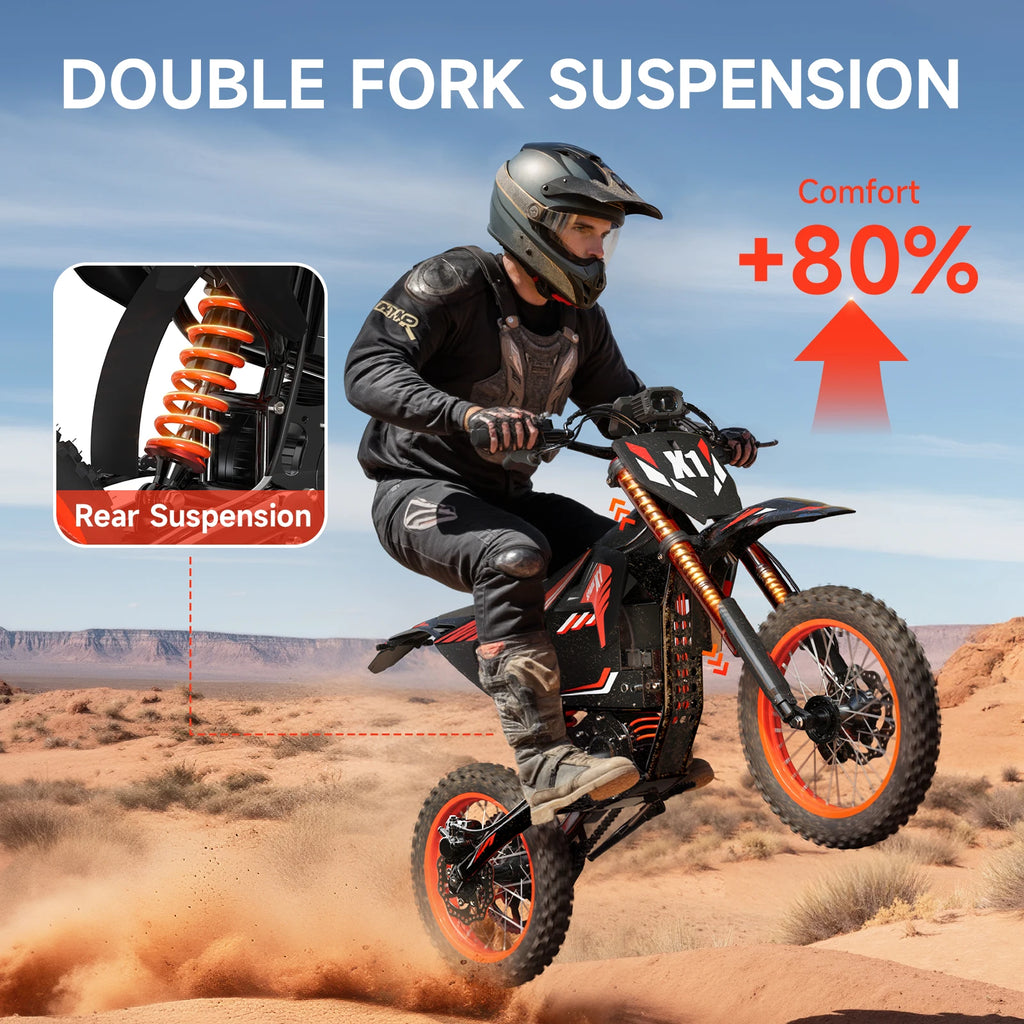 QRONGE X1 Spark Electric Dirt Bike 4500W Peak&Up to 60 Miles 50MPH 60V 28.8Ah Battery E-Bike 14/12" Fat Tire Electric Motorcycle