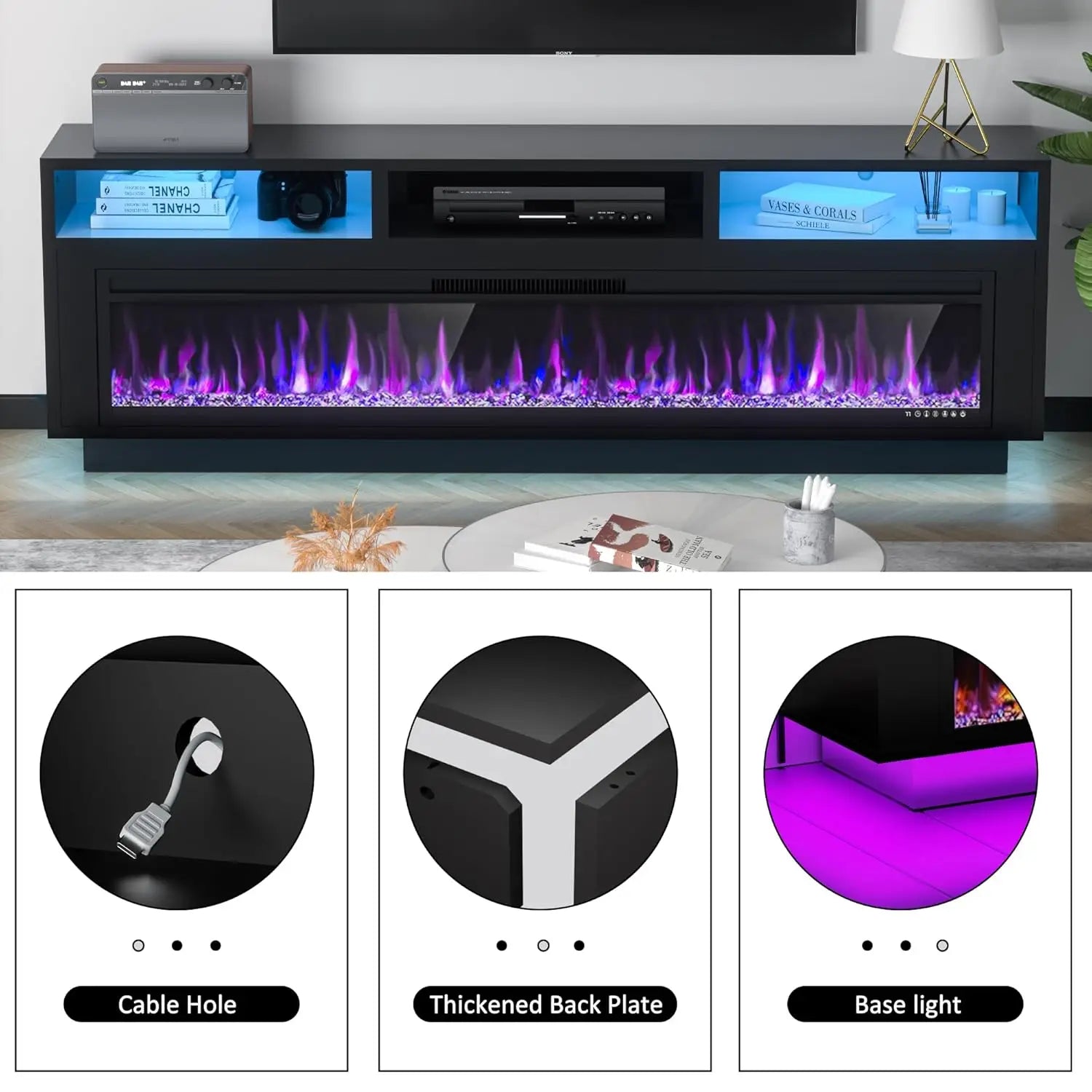 58" Fireplace TV Stand for TVs Up to 65" with 52" Electric Fireplace, TV Console for The Living Room, LED Light, Custom