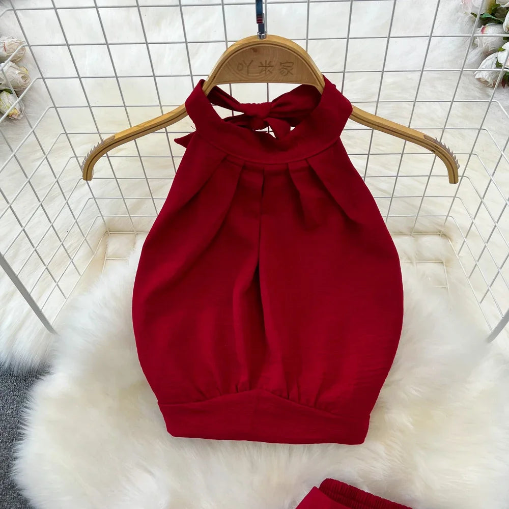 Green/Black/Red 2026 New Summer Two Piece Set Women Sexy Strap Short Tops + High Waist Wide Leg Pants Female Suit New