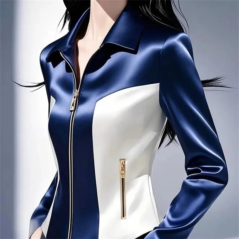 Contrast Satin Jacket Women's 2025 Early Spring Summer New Shirt Female High Quality Western-Style Waist Coat Zipper Tops Ladies