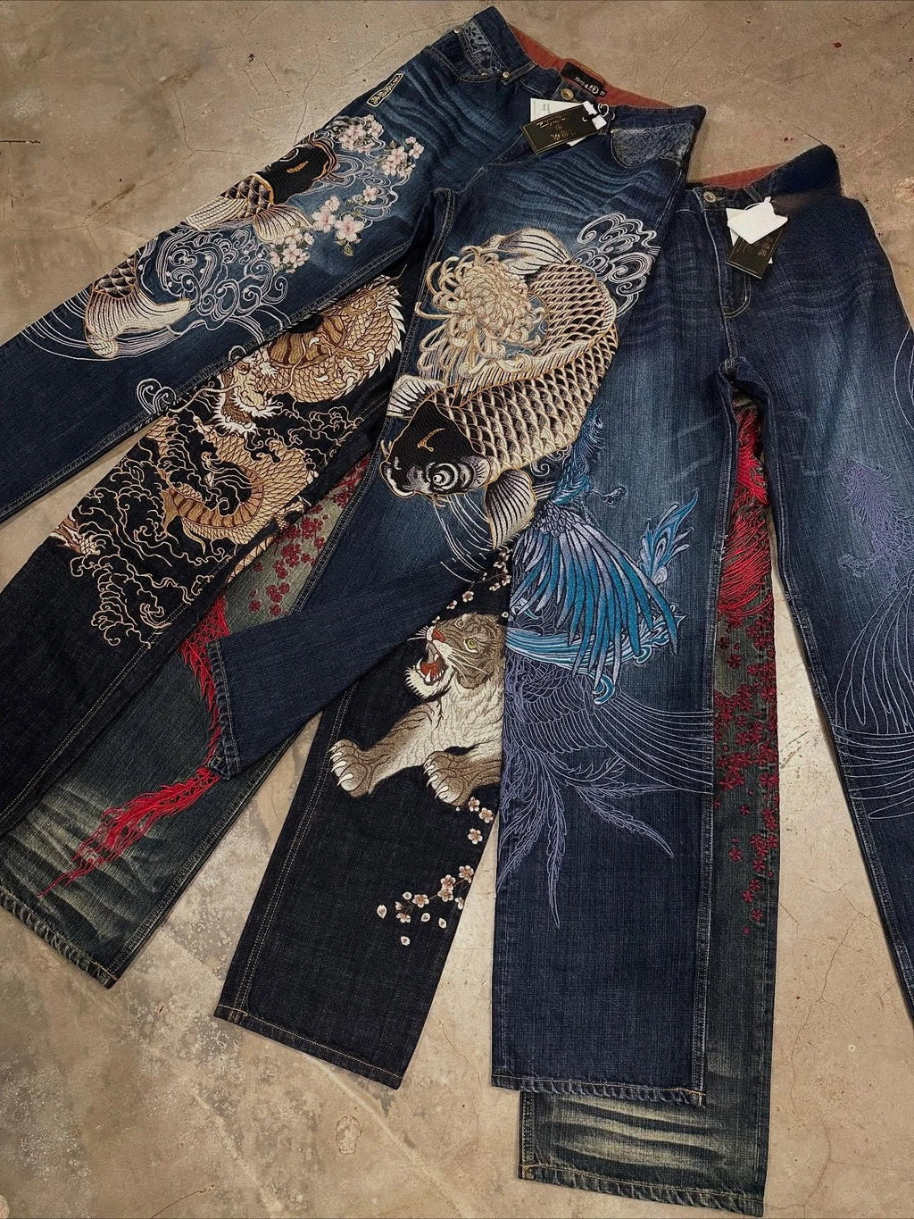 Harajuku Japanese Jeans Mens New Dragon High Quality Jeans Gothic Vintage Hip Hop Streetwear Denim Fabric Wide Leg pants
