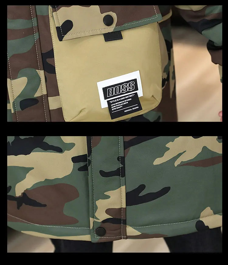 Fashion Mid-Length Camouflage Warm Parkas Winter Men's High Street Wear Windproof Hooded Plush Jackets Outdoor Thick Fleece Coat