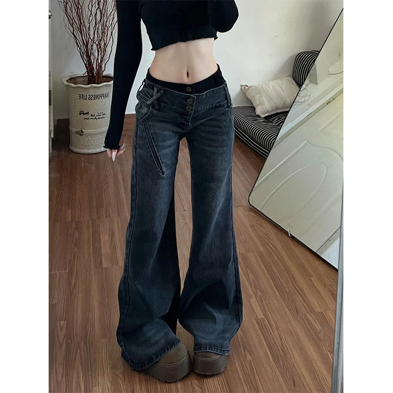 American Retro Low Waisted Jeans for Women's New Style Loose and Personalized Spicy Girl Design Washed Micro Flared Pants