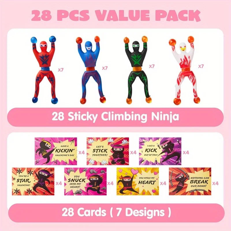 JOYFY 30 Pcs Valentines Day Sticky Wall Climbing Men Ninja with Gifts Cards Stress Relief Toys for Kids Valentines Party Favor