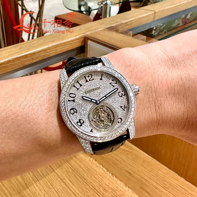 Luxury Full Moissanite Transparent Movement Mechanical Watch for Men Hip Hop Iced out Jewelry Wristwatch