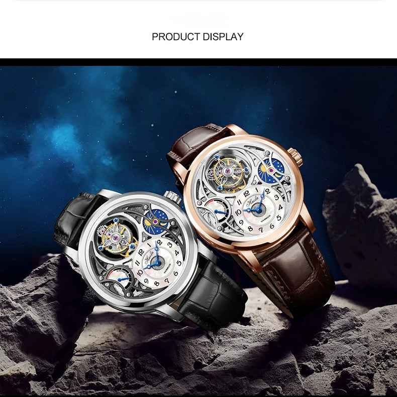 Haofa Manual Tourbillon Watch for Men Moonphase Energy Display Dial Skeleton Movement Sapphire Mechanical Wristwatches 1939