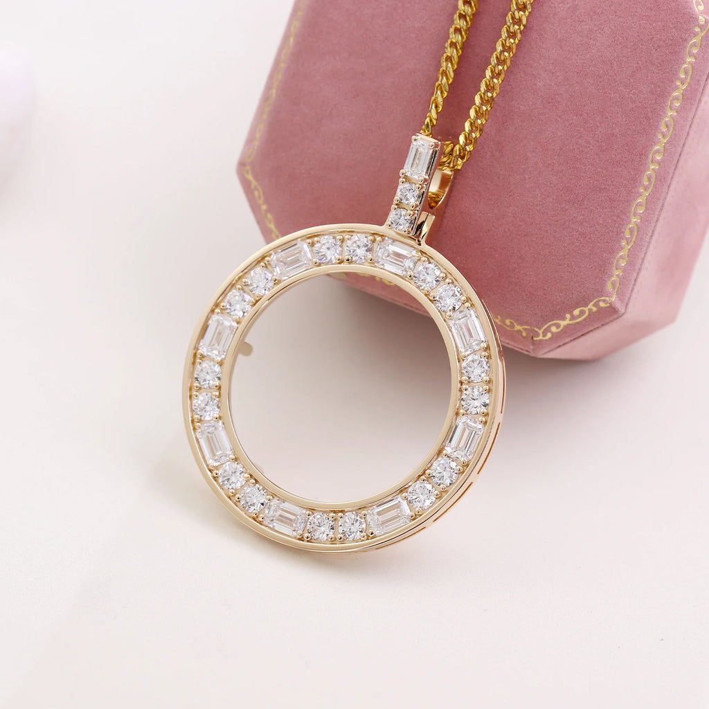Provence jewelry 10K/14K gold memento coin pendant emerald cut lab diamond round pendant birthday Anniversary gift for boyfriend