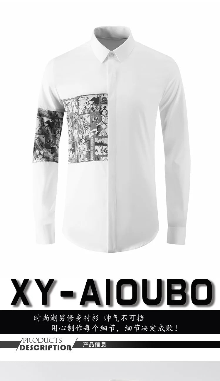 2024 Cartoon Printed Splicing Shirt for Men Long Sleeve Slim Casual Shirts Fashion Lapel Slim Fit Social Streetwear Men Clothing