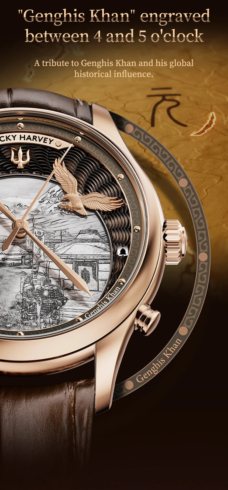 Lucky Harvey 3D Hero Genghis Khan Chiming Watches Guilloché Relief Dial Motion Movement Limited Automatic Mechanical Wristwatch
