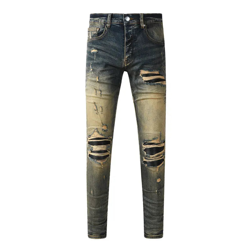 Y2k new men's jeans washed nostalgic perforated black leather patch deep blue jeans high street designer hip-hop brand high-qual