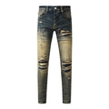 Y2k new men's jeans washed nostalgic perforated black leather patch deep blue jeans high street designer hip-hop brand high-qual