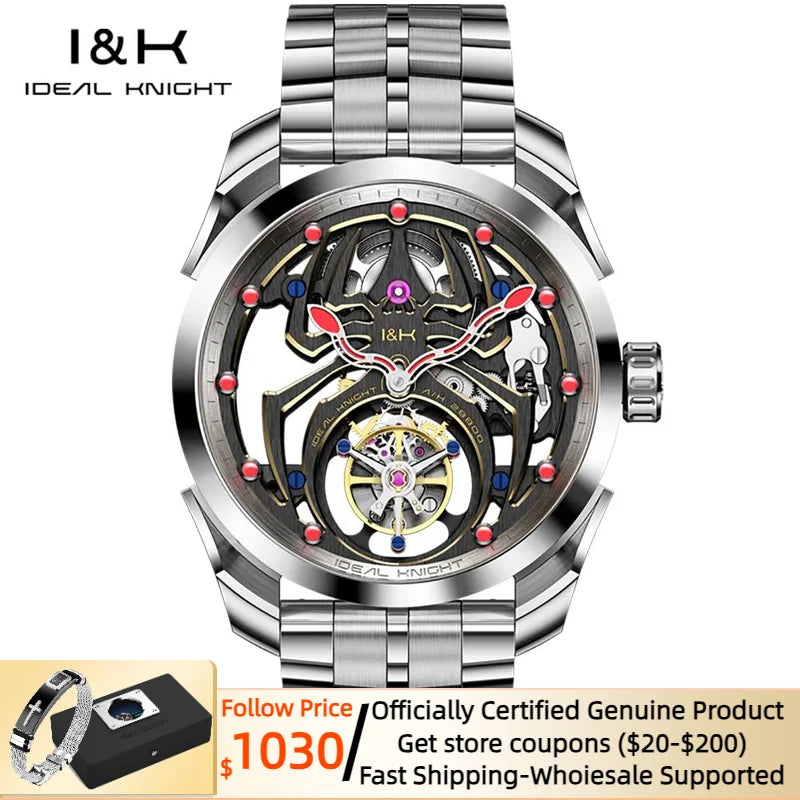 Ideal Knight Automatic Mechanical Watch for Men Hollow out Spider Design   Flywheel Movement Sapphire Mirror Men's Watches