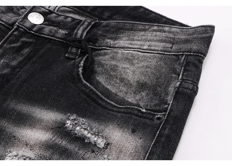 Street Fashion Men Jeans Retro Black Gray Elastic Stretch Slim Fit Hole Ripped Jeans Men Patched Designer Hip Hop Brand Pants