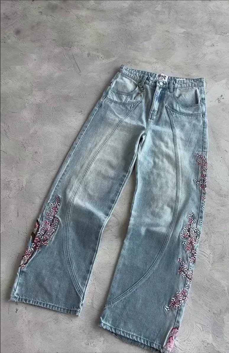 Y2k Vintage Baggy Fallen Knight Cherry Blossom Embroidery Jeans Men Women Fashion Straight Wide-leg Denim Pants Streetwear Jean