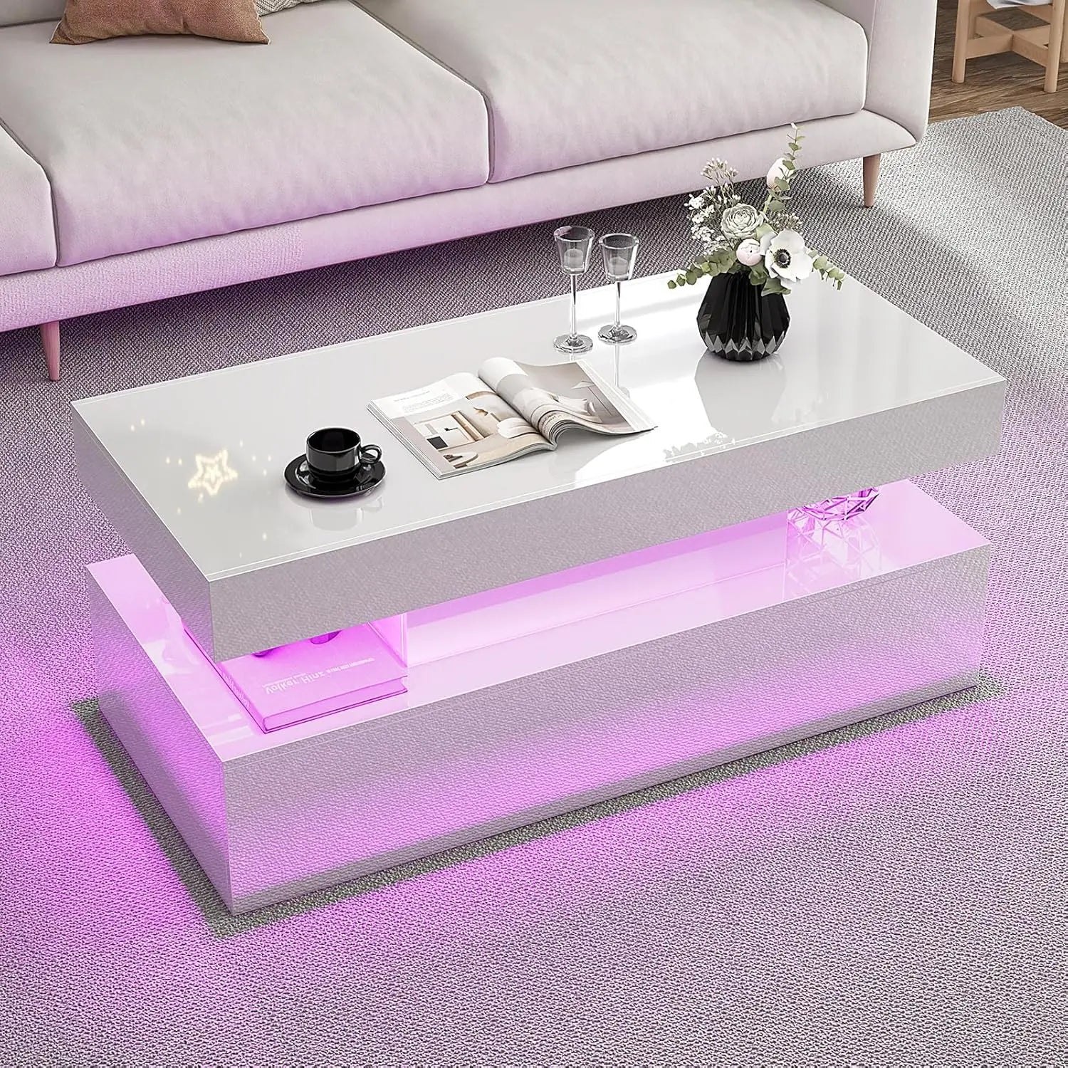 80" Fireplace TV Stand High Gloss 4-Piece Living Room Table Set LED Coffee End Table White Customized