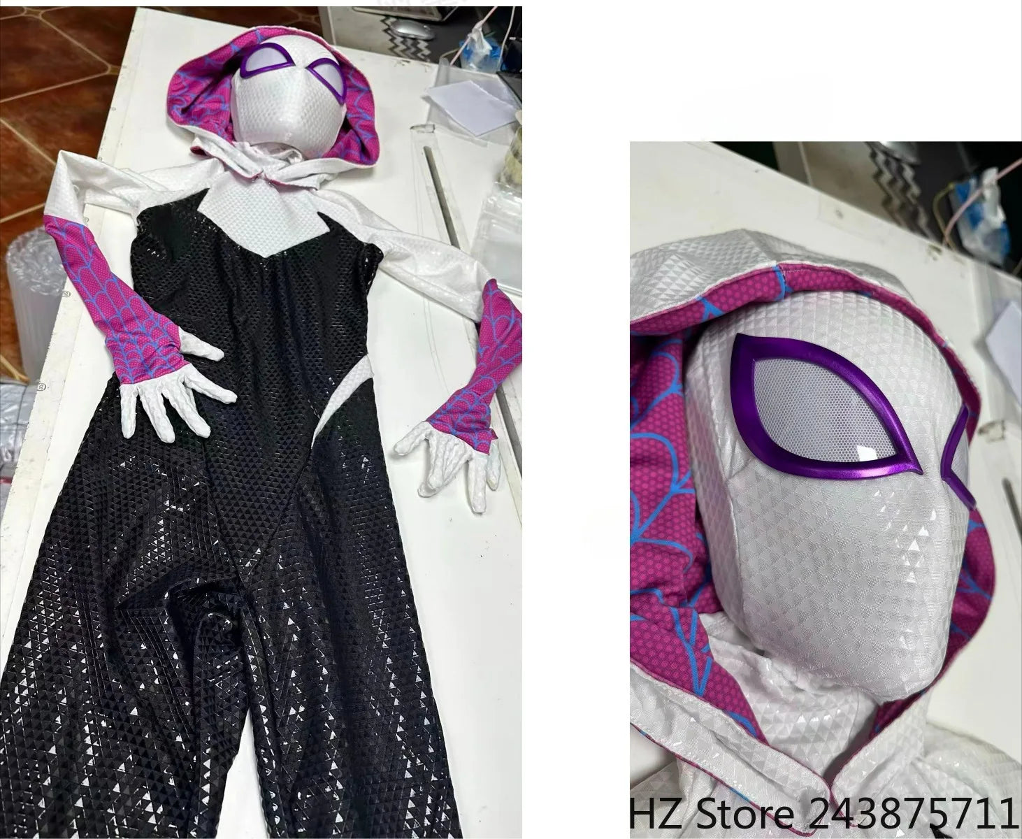 Hand-Printed Gwen Spider-Man  Jumpsuit with Mask 1:1 3D Handmade Customized Silk Screen Body Suit: Cosplay Costume