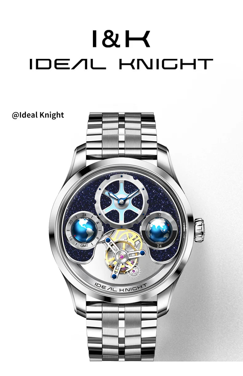 IDEAL KNIGHT Real Tourbillon Automatic Watches for Men 43mm Large Dial Blue Earth Series High-end Luxury Brand Mechanical Watch