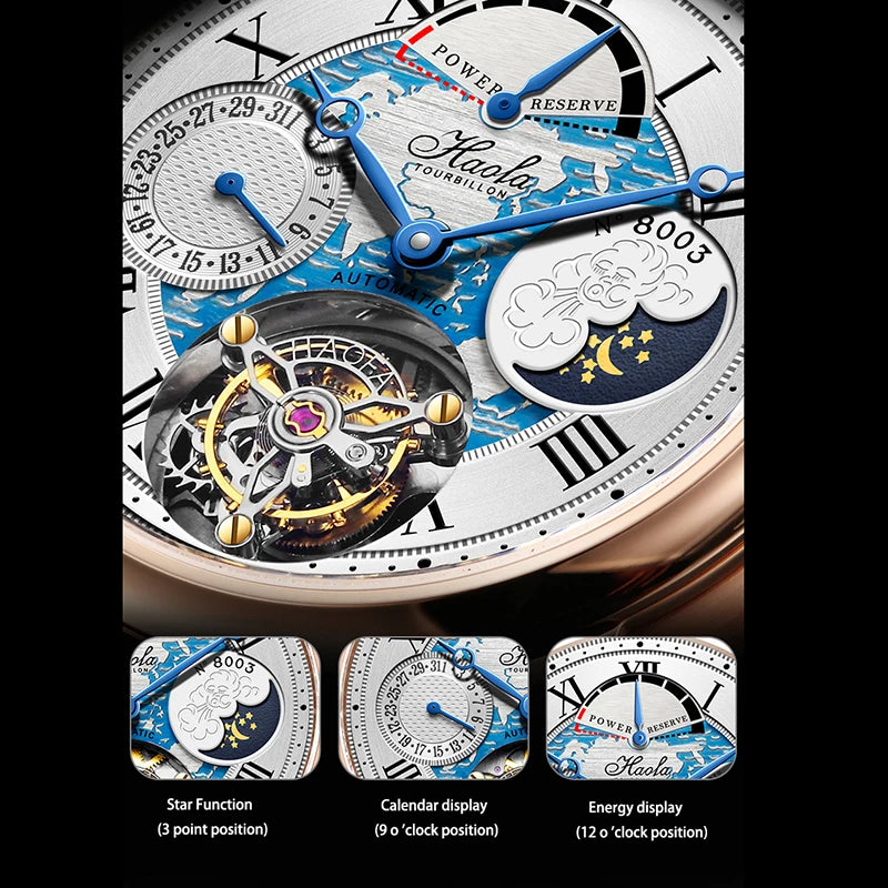 Haofa Automatic Flying Tourbillon Movement Watch Man Luxury Sapphire Skeleton Moon Phase Complete Calendar Watches For Men 8003