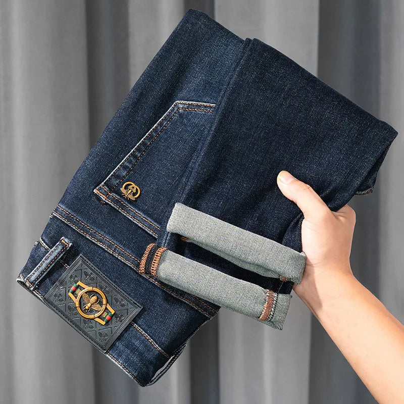 Light Luxury Blue Jeans Men's Autumn and Winter Thick 2024 New Simple and Versatile Casual Stretch Slim High-End Trousers