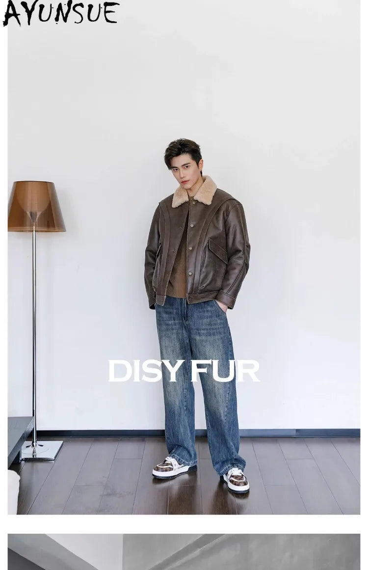 AYUNSUE Natural Sheepskin Fur Coat Men Autumn Winter New Short Real Wool Man Vintage Leather Jacket Motorcycle Fur Coats Jackets