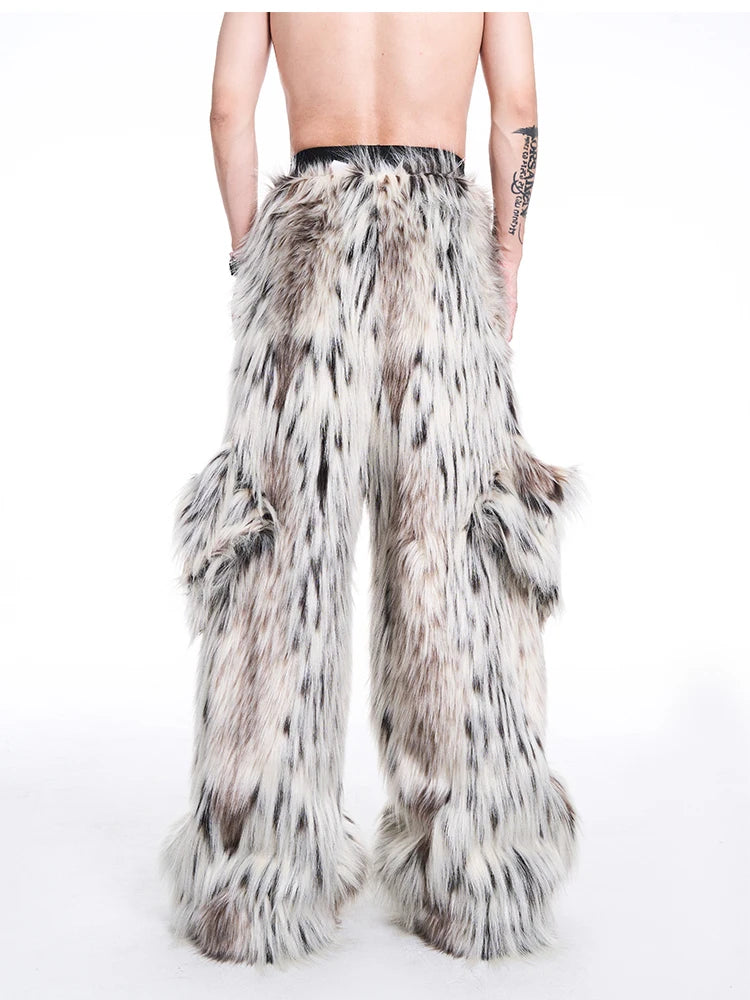 Mauroicardi Autumn Winter Long Colorful Thick Warm Hairy Fluffy Faux Fur Wide Leg Pants Men Pockets Runway Fashion Streetwear