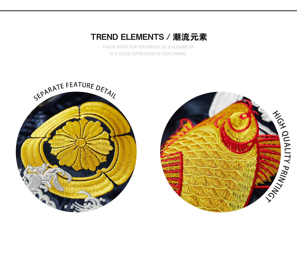 Japanese Sukajan Koi Fish Embroidered Satin Bomber Jacket Wave Print Varsity Jacket Men's and Women's Baseball Jackets