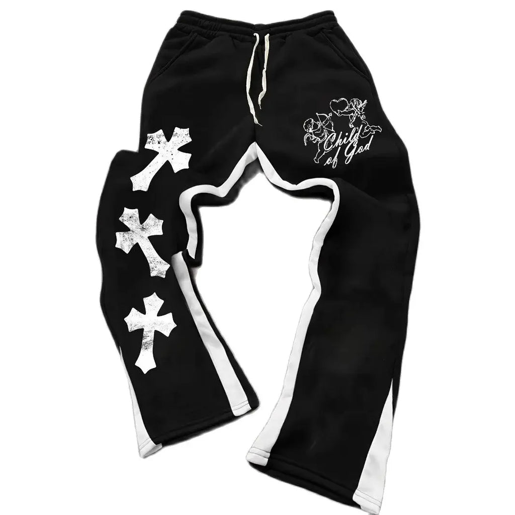Men's Casual Street Style Trendy Cross Print Fashionable Slightly Flared Black and White Color-Block Design Sweatpants
