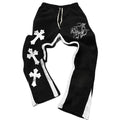 Men's Casual Street Style Trendy Cross Print Fashionable Slightly Flared Black and White Color-Block Design Sweatpants