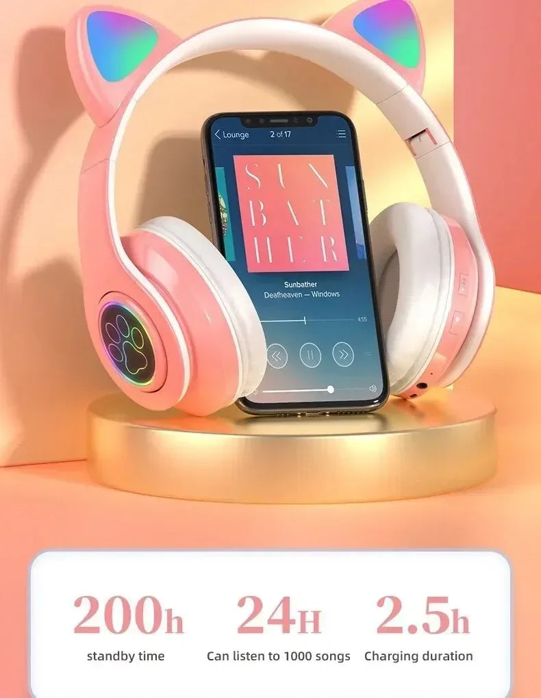 Cute Cat Wireless Headphones RGB Cute Cat Ears Headset With Microphone Noise Cancelling Kid Stereo Music Children's Gifts