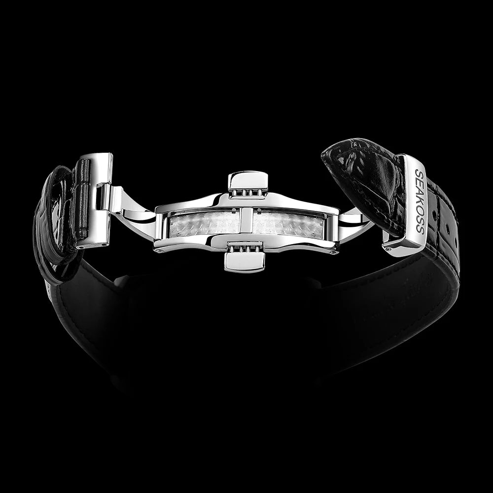 SEAKOSS Luxury Skeleton Men's Tourbillon Manual Mechanical Watches Double Tourbillon Luminous Hands Watch for Men Sapphire Glass