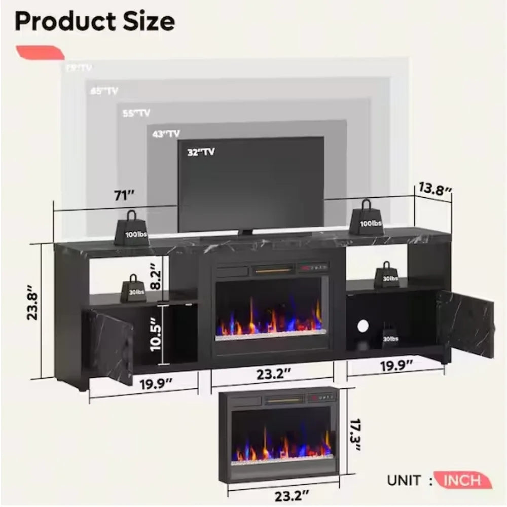 70 in. Black Marble LED TV Stand Fits TV's Up to 75 in. Entertainment Center with Fireplace and Cabinets