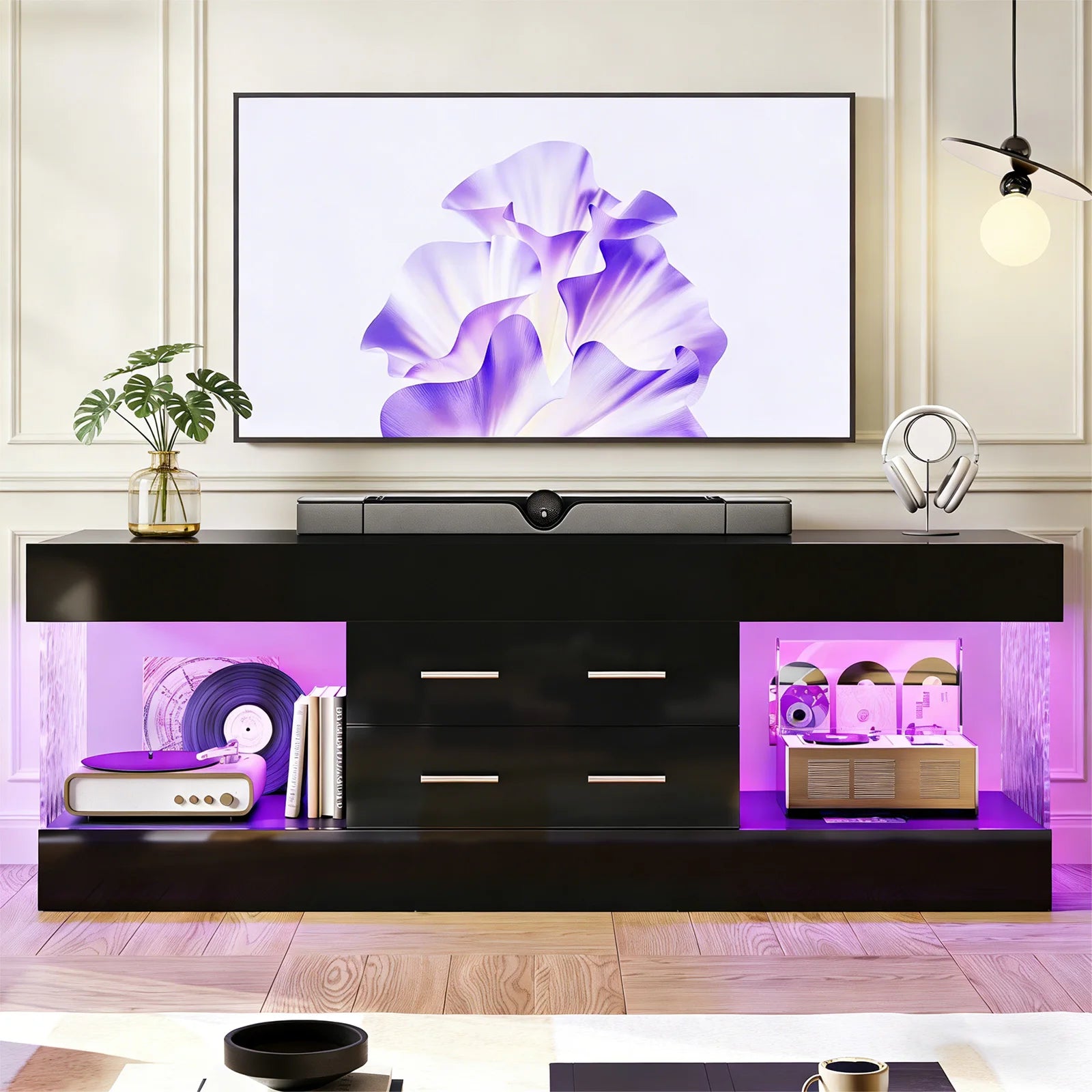 NOST&HOST Modern 60 Inch TV Stand for 65/60/55+ TV, High Gloss Black Entertainment Center with 2 Drawers & LED Lights for Living Room
