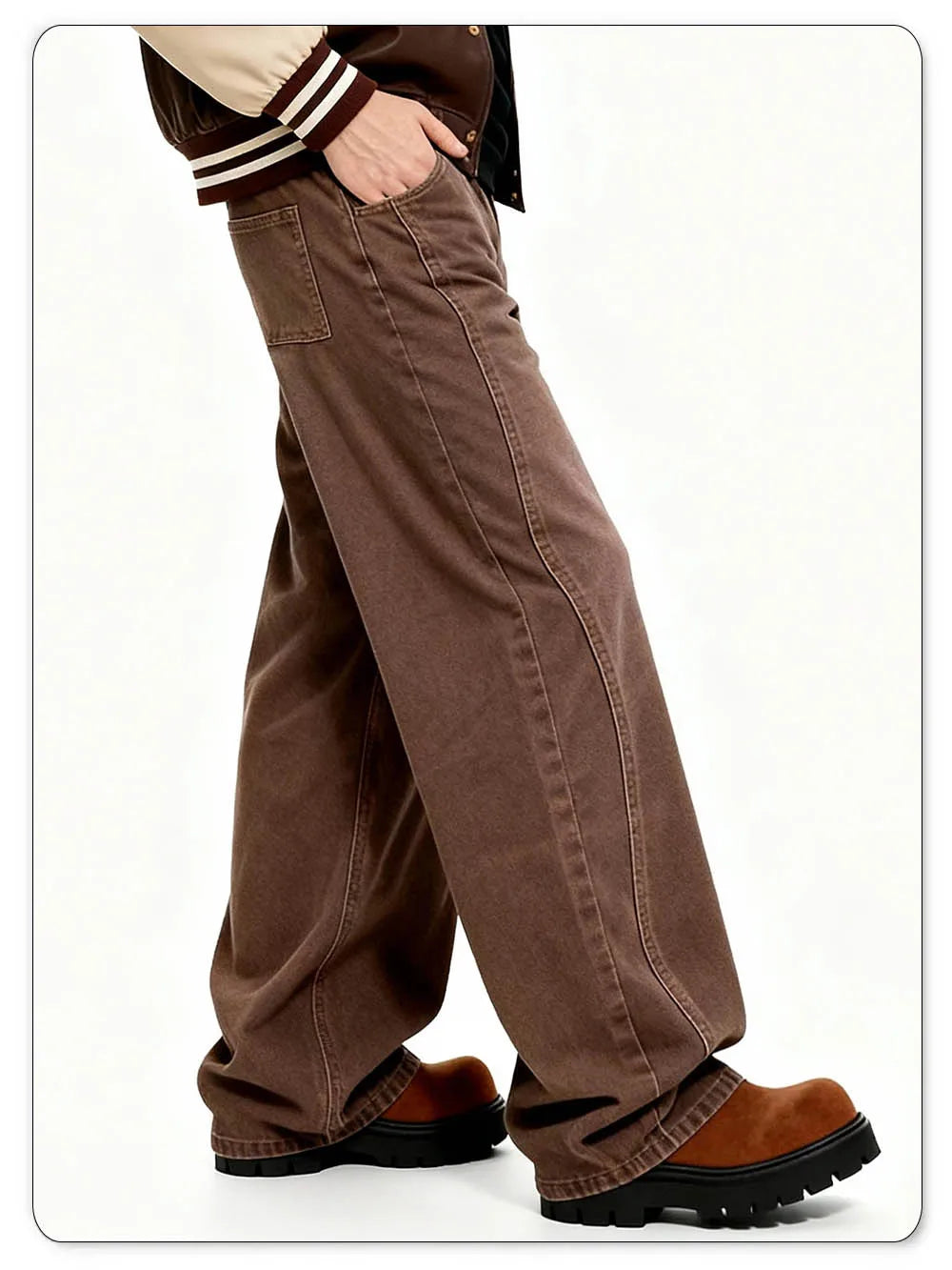 American Retro Men's Brown Casual Baggy Wide Leg Jeans Korean Cartoon Elephant Embroidery Loose Wide Leg Denim Pants Unisex