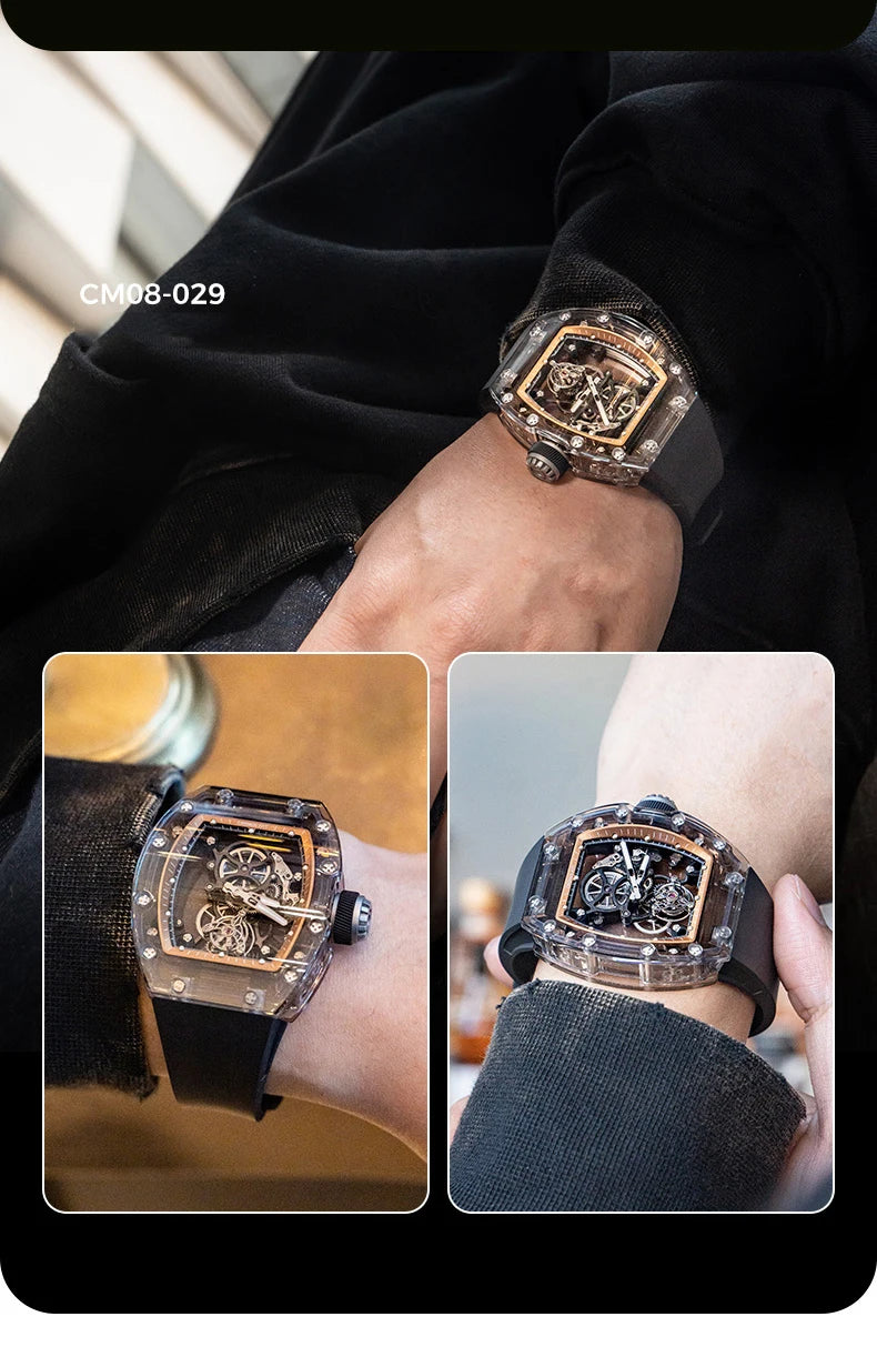 CRONUSART Men Tourbillon Watch Luxury Tonneau Automatic Mechanical Wristwatch Sapphire Case Luminous Fluororubber Strap Skeleton