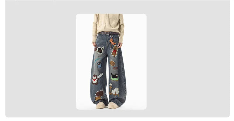 Hip Hop Cartoon Graffiti Graphic Appliques Baggy Jean Man Casual Embroidered Straight Wide-Leg Denim Pants Y2K Streetwear Jeans