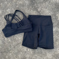 Solid Color High Waist Gym Yoga Short Legging Set Tight Women Cross Back High Impact Shoulder Strap Fitness Bra Top Sportwear