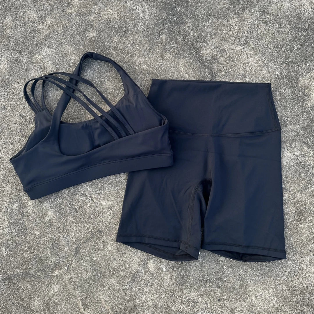Solid Color High Waist Gym Yoga Short Legging Set Tight Women Cross Back High Impact Shoulder Strap Fitness Bra Top Sportwear