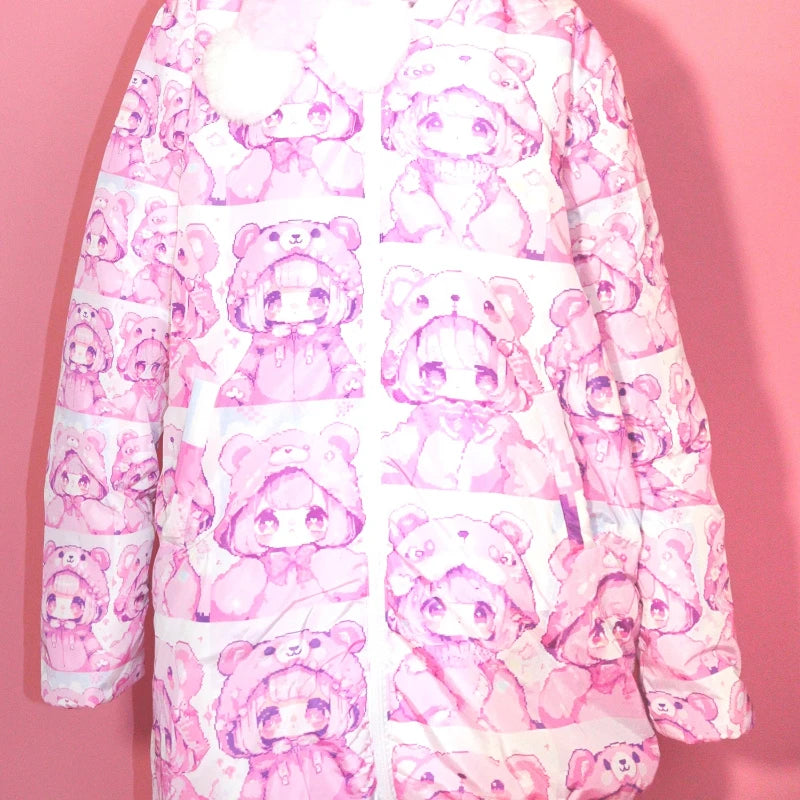 Original Design Cartoon Anime Print Stand Collar Women's Cotton Jacket Winter New Loose Down Coat Cute Thickened Coats Ladies