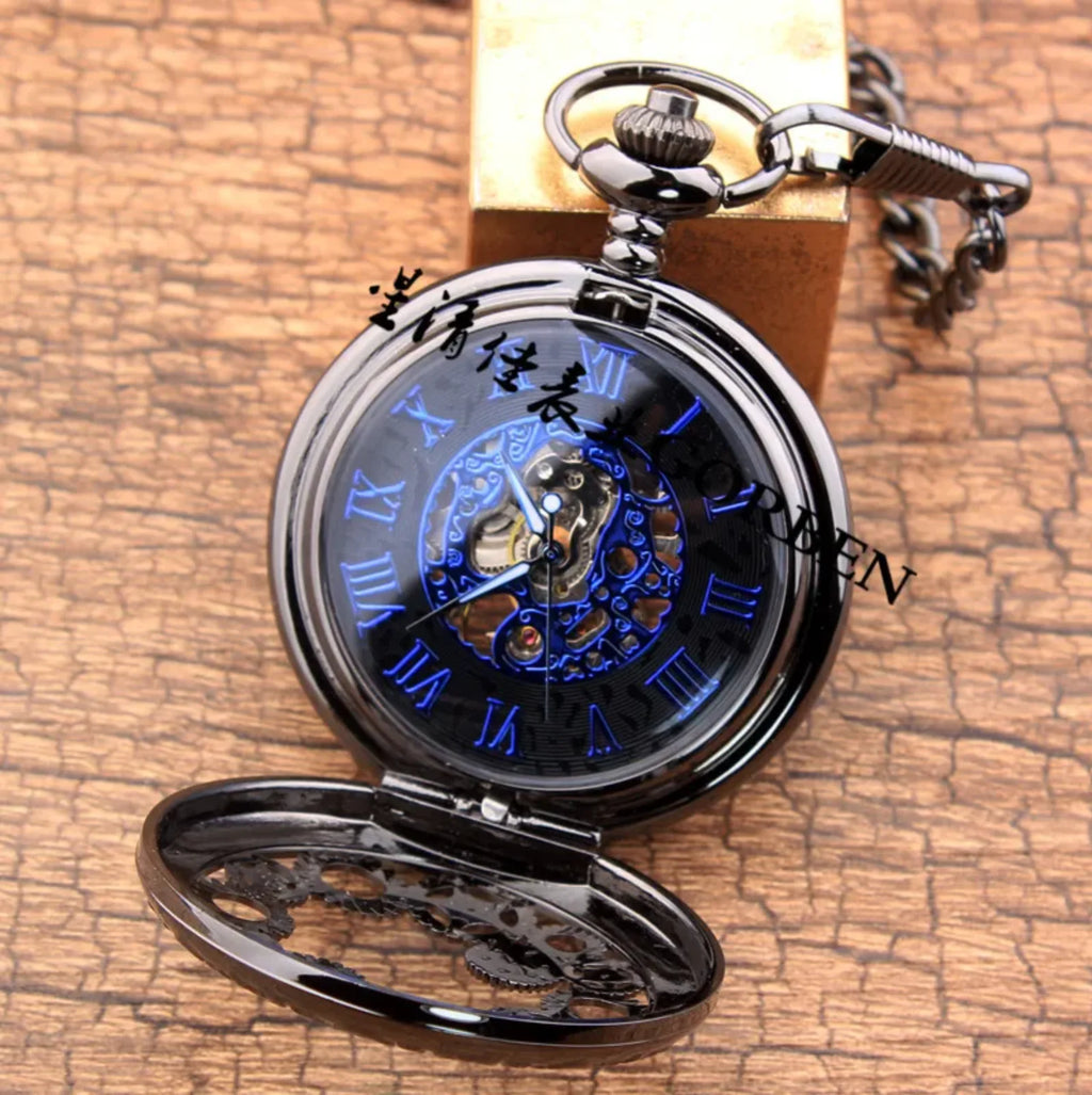 10pcs/lot Hollowed Black Gear Mechanical Pocket Watch with Chain  Pocket Watches Men Steampunk Gift Watches