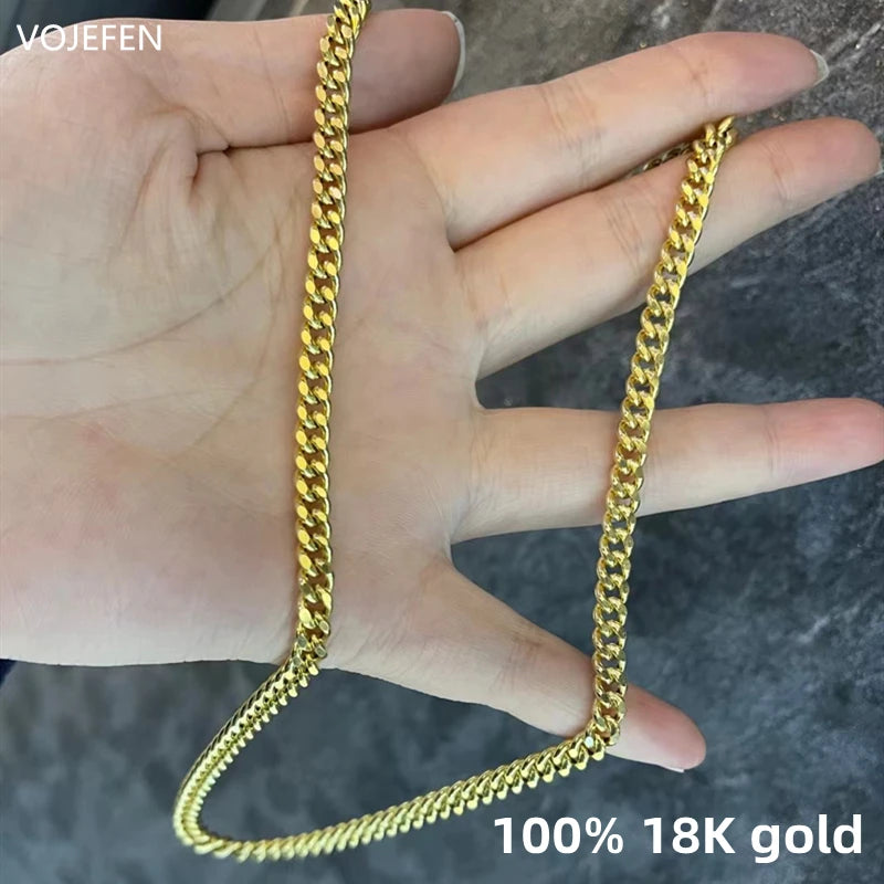 VOJEFEN Genuine 18K Gold Cuban Necklace Jewelry For Women/Men Fashion AU750 Pure Gold Chain Neck Choker Luxury Quality Jewel