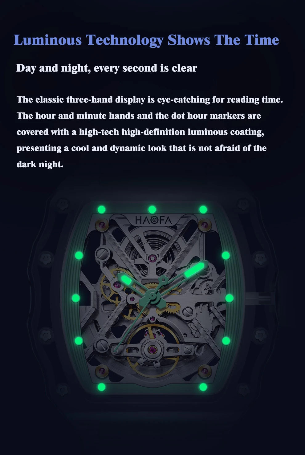 Haofa Transparent Crystal Glass Case Men's Watch Fully Automatic Mechanical Movement Luminous Fashion Watches For Man 2202
