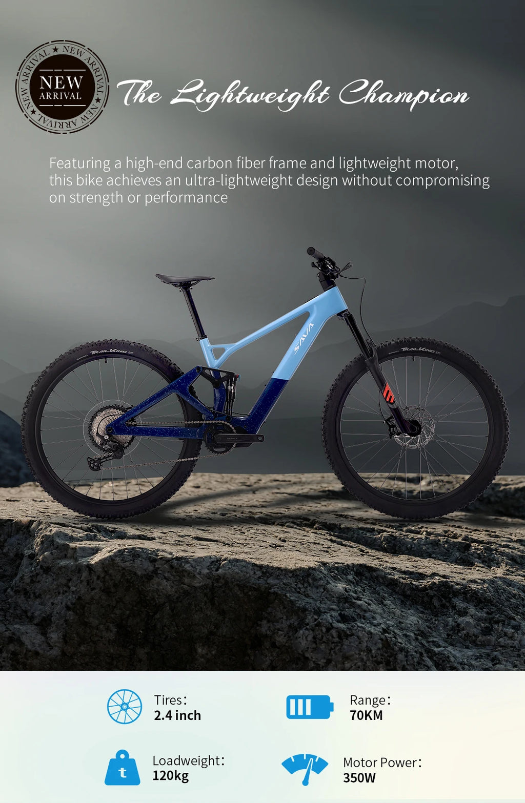 SAVA E-BIKE Mountain Bike 36V 10Ah Full-Suspension Carbon Fiber Mountain Bike 70km Range 12-Speed Electric-Assist Mountain Bike
