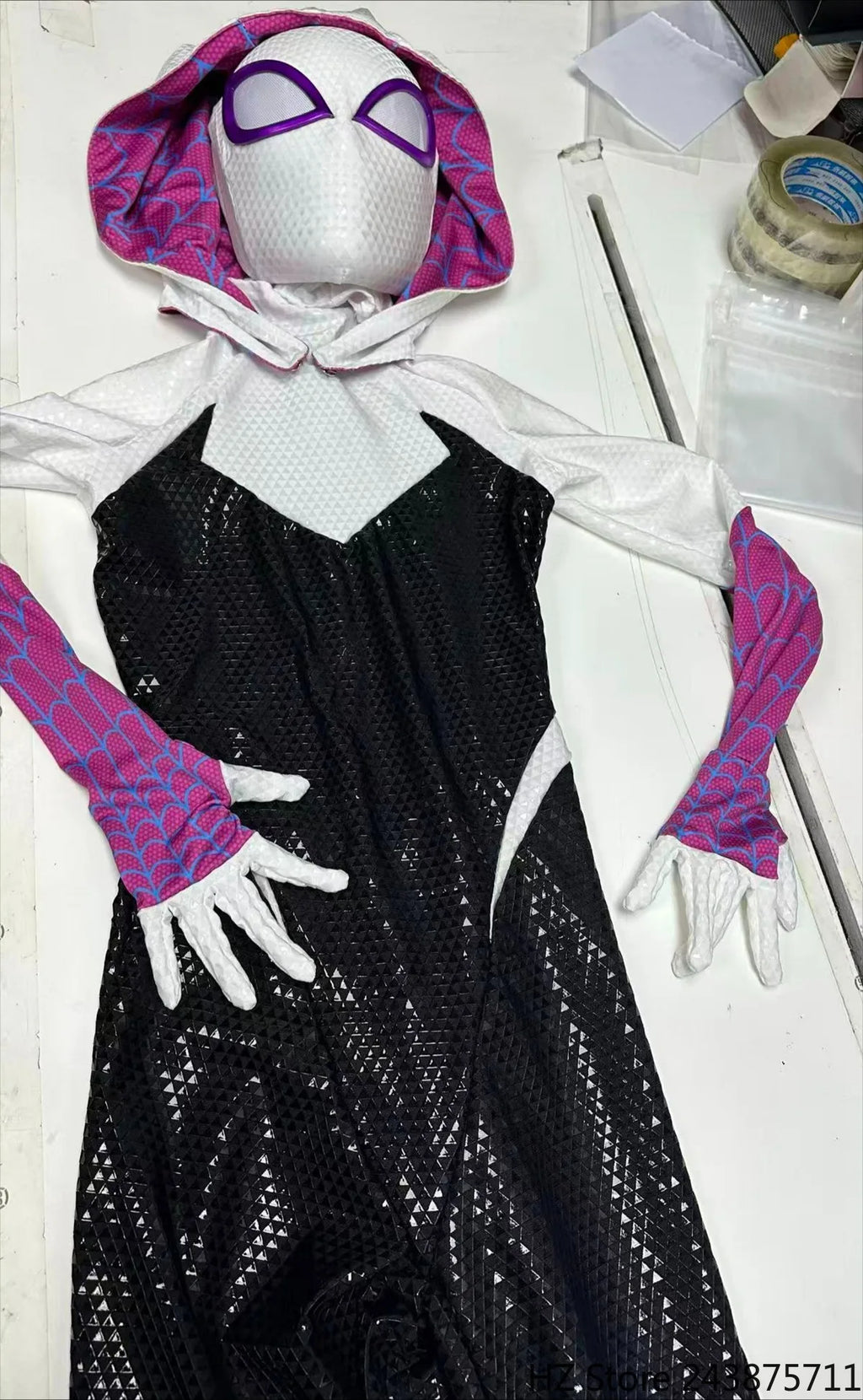 Hand-Printed Gwen Spider-Man  Jumpsuit with Mask 1:1 3D Handmade Customized Silk Screen Body Suit: Cosplay Costume