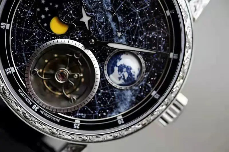 Super Mens Automatic Tourbillon Mechanical Watch Milky Way 3D Rotate Earth Moonphase Business Male Wrist Watches Luminous Dial