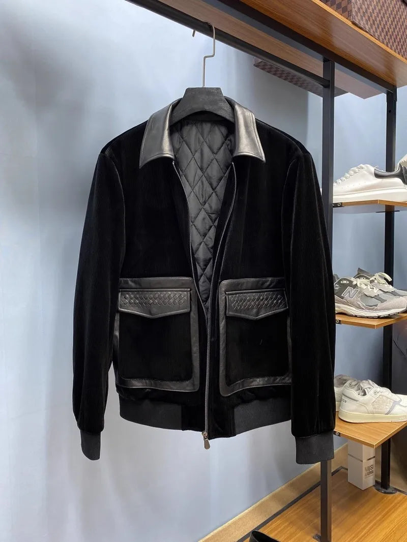 Design Business Mens Velvet Jacket Zipper Spliced Genuine Leather Casual Outerwear Loose Fit Long Sleeve Spring Autumn Men Coats