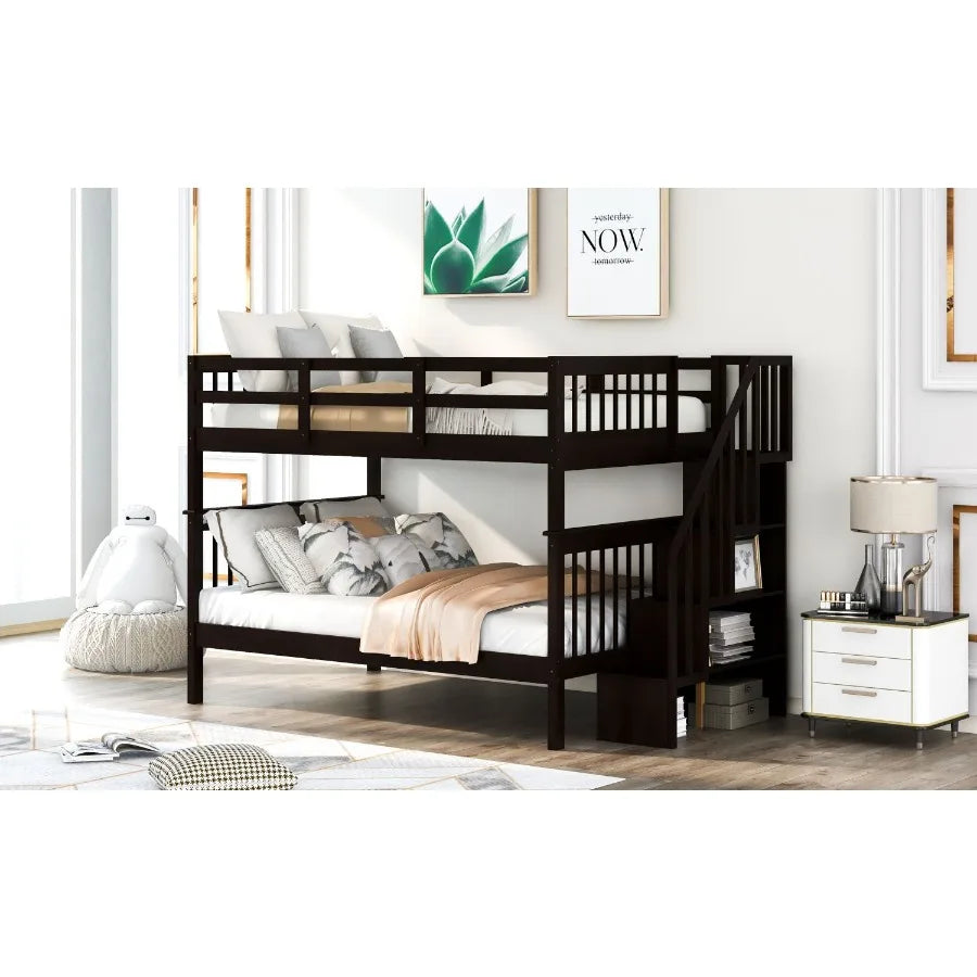 Stairway Full-Over-Full Bunk Bed with Storage and Guard Rail for Bedroom Dorm Espresso