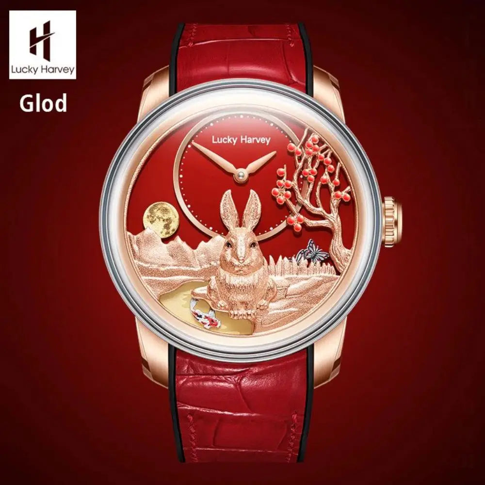 Lucky Harvey Limited Edition Automatic Mechanical Watches for Men Cute 3D Rabbit Dial Synthetic Sapphire Waterproof Wrist Watch